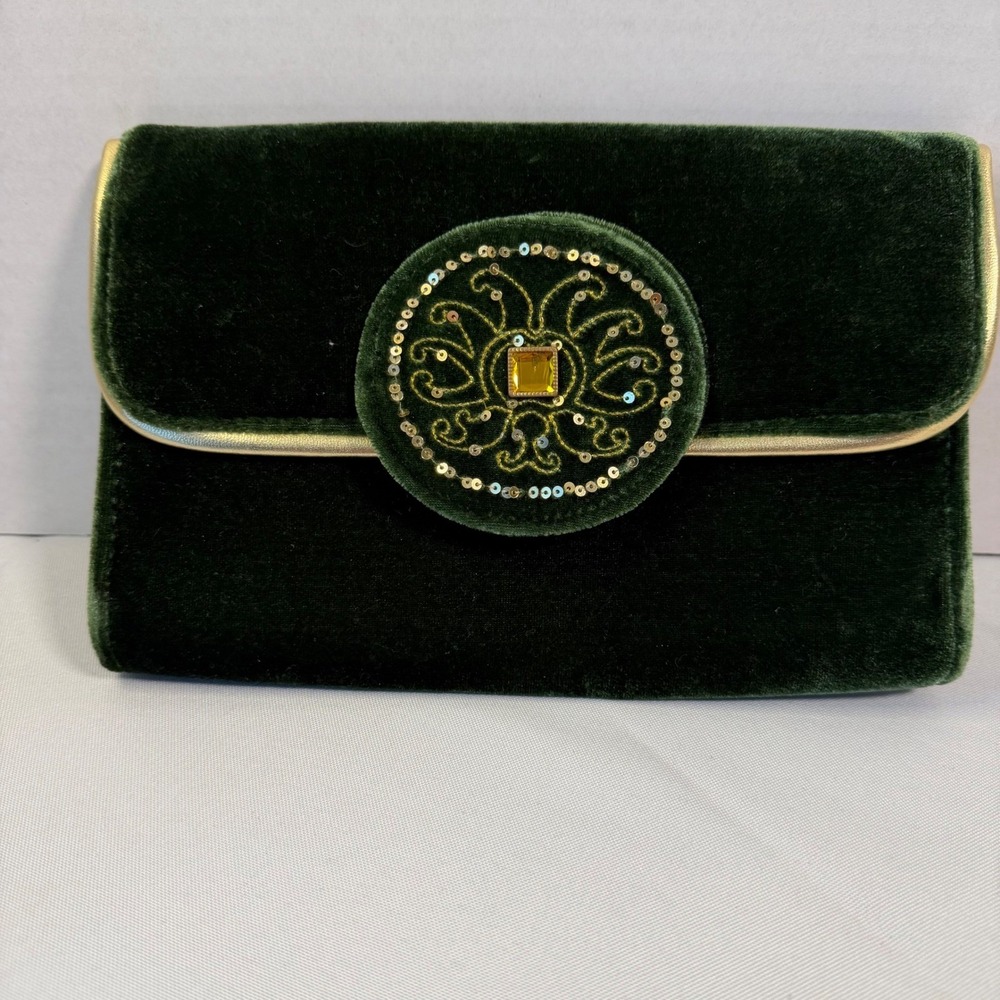 Velvet Evening Clutch Small Green Gold Embroidered Sequin Formal Bag